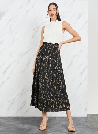 Foil Print Paperbag Waist A-Line Midi Skirt 