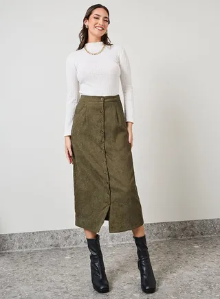 Corduroy Midi Skirt with Front Button Detail 