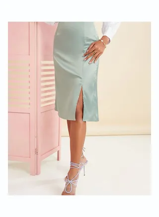 Satin Front Slit Midi Skirt 
