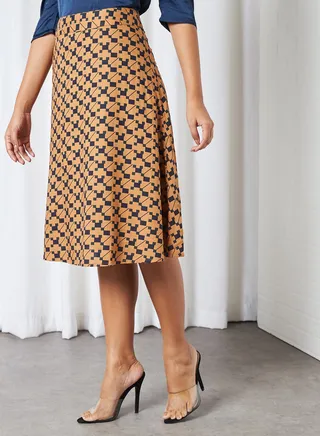 Printed A-Line Flared Hem Skirt Brown 