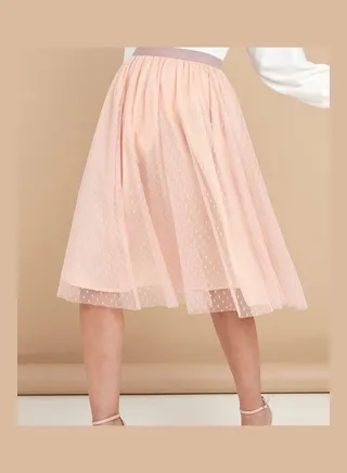Dobby Spot Mesh Lined Midi Skirt 