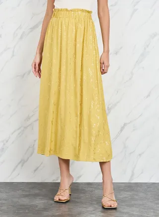 Foil Print Paperbag Waist A-Line Midi Skirt 