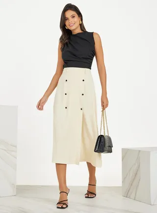 Button Detail Wrap Front Midi Skirt 