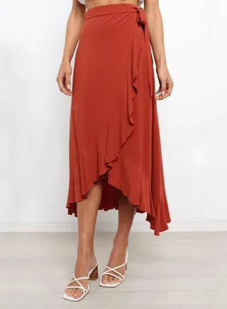 Women's Solid Color Ruffle Wrap Skirt Tie Waist Boho High Low Asymmetrical Midi Skirt Jujube Red 