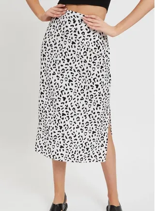 Women High Waist Skirt Leopard Print Midi Beach Side Slit Skirt White 