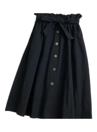 High Waist Pleated A-Line Midi Skirt Black 