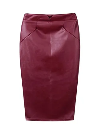 Solid PU Leather Midi Pencil Skirt Burgundy 