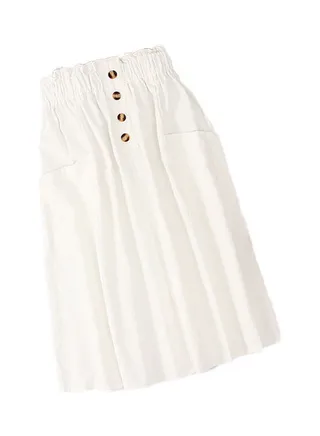 Single Pocket Pleated Elastic Waist Cotton Summer A-line Skirt White 