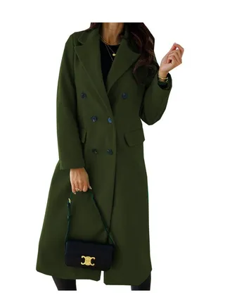 New Women's Simple Double Breasted Long Sleeve Lapel Button Wool Overcoat 
