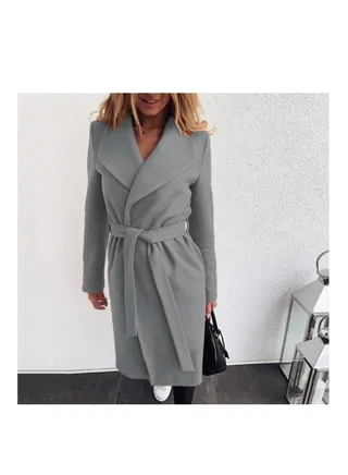 Autumn And Winter New Fashion Lace-up Lapel Solid Color Wool Overcoat 