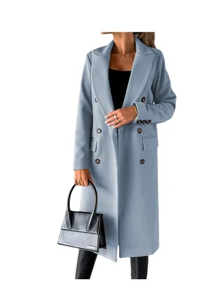 New Women's Fashion Simple Long Sleeve Lapel Button Wool Overcoat 