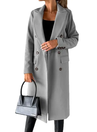 New Women's Fashion Simple Long Sleeve Lapel Button Wool Overcoat 