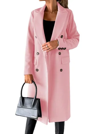 New Women's Fashion Simple Long Sleeve Lapel Button Wool Overcoat 