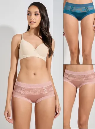 Pack of 2 - Floral Lace Insert Full Brief with Scalloped Edge Lace Trim 