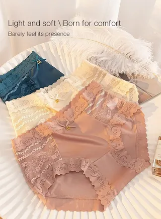 Set of 3 Ladies Lace Design Ice Silk Underwear Hygroscopic Breathable Sweet Girls Panties High Stretch Women Underpants Medium Waist 