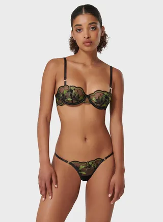 Embroidered Mesh Detail Thong 