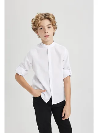 Boy Regular Fit Stand- Up Collar Woven Long Sleeve Shirt 
