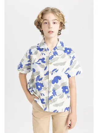 Boy Oversize Fit Resort Neck Woven Short Sleeve Shirt 