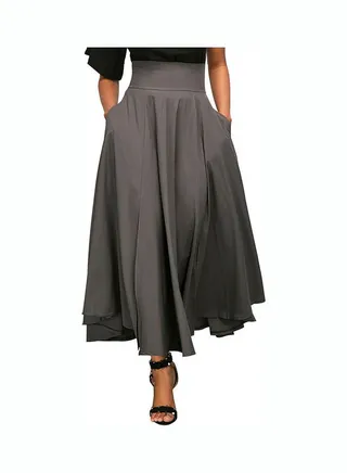 Fashionable OL High Waist Maxi Pleated Flared Skirt Grey 
