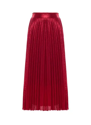 High Waist Long Pleated Skirt Red 