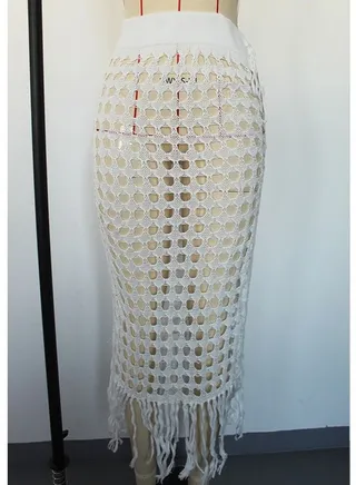 Hollow Knit Split Fringed Beach Skirt White 