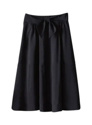 Bow Belted High Waist Pleated Midi Skirt Black 