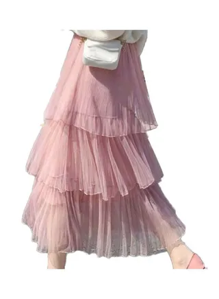 High Waist Pleated Elastic Tiered Layered A Line Skirt Pink 