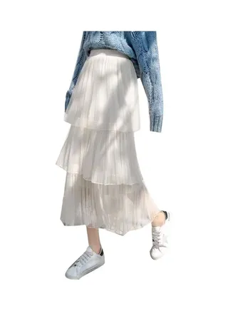 High Waist Pleated Elastic Tiered Layered A Line Skirt White 