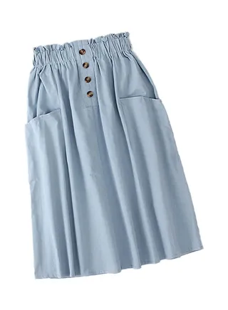 Single Pocket Pleated Elastic Waist Cotton Summer A-line Skirt Light blue 