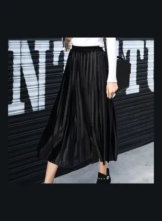 Velvet High Waist Pleated A-line Skirt Black 