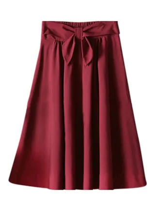 Bow Belted High Waist Pleated Midi Skirt Wine Red 