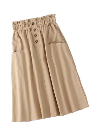 Single Pocket Pleated Elastic Waist Cotton Summer A-line Skirt Apricot 