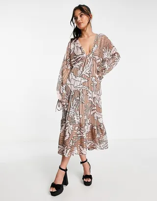 ASOS DESIGN satin stripe tiered midi dress in abstract floral
