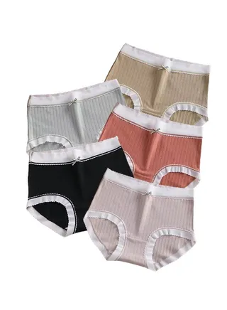 Zeemey 5-Piece Cotton Bikini Breathable Panties Low Waist Fashionable Ladies Charming Thick Bottom 