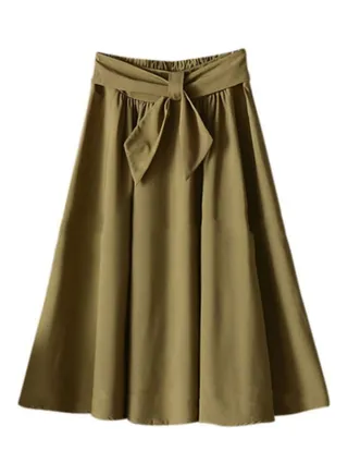 Bow Belted High Waist Pleated Midi Skirt Army Green 