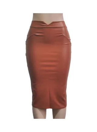 Solid Colour Faux Leather High Waist Stretchy Slim Skirt Coffee 
