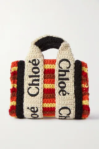 Chloé - Woody Nano Embroidered Striped Crochet-knit Tote - Brown