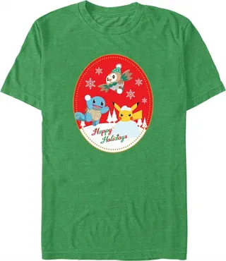 Men's Pokemon Christmas Happy Holidays Patch T-Shirt - Kelly Heather - Small