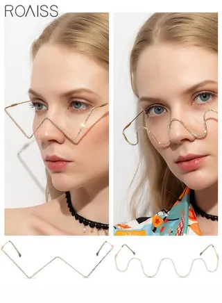 Crystal Rhinestone Decorated Eyeglasses - Half Frame Design, Gold Frame, V-shaped and Wave-shaped - 2 Pack, No Lenses Included 