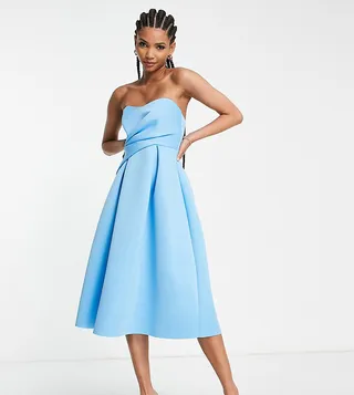 ASOS DESIGN Tall wrap bandeau prom midi dress in blue