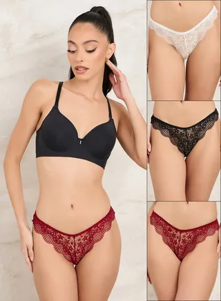 Pack of 3 - All Over Lace Scalloped Edge Brazilian Brief