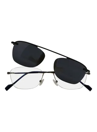 Rectangular Rimless Anti-Blue Light Glasses With Clip On Sunglasses 