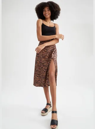 Zebra Printed Side Split Midi Skirt