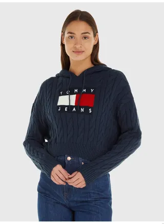 Women's Cropped Cable Knit Flag Badge Hoody Sweater, Navy 