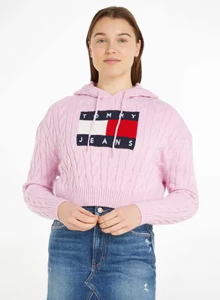 Women's Cropped Cable Knit Flag Badge Hoody Sweater, Pink 