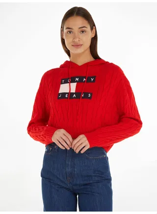 Women's Cropped Cable Knit Flag Badge Hoody Sweater, Red 