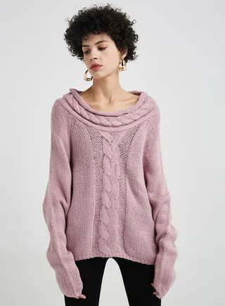 Cable Knit Bardot Sweater Purple 