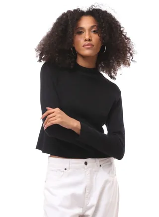 Black Mock Neck Solid Basic Pullover 