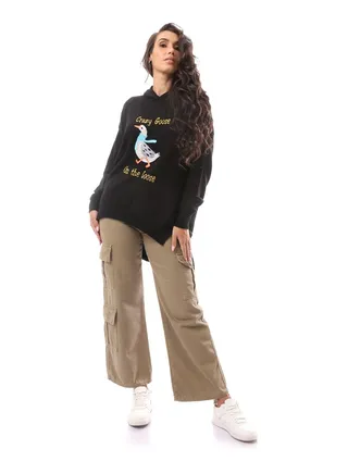 Crazy Goose' Printed Hooded Neck Black Pullover_Black 