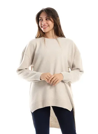 Knitted Beige Slip On High Low Pullover 